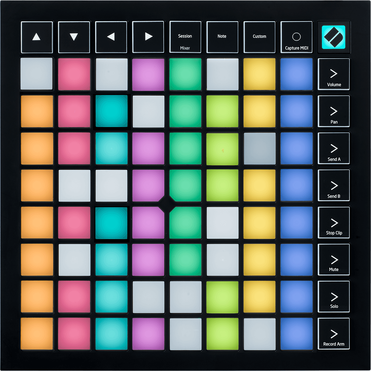 32 RGB pads, mixer controls